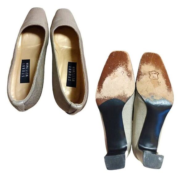 Stuart Weitzman VTG 90s Taupe Square Toe Textured Block Heels Womens 8.5 Pumps - Picture 10 of 14
